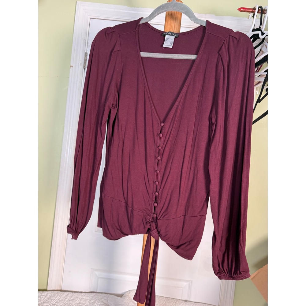 Venus Burgundy V-Neck Long Sleeve Button Front Tie Hem Top Size M